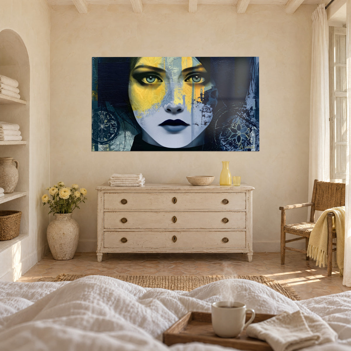 Schilderij vrouwenmasker met gele druipsporen op grijze huid, leiblauwe mandala's, marineblauwe achtergrond, boven een bed in een lichte slaapkamer