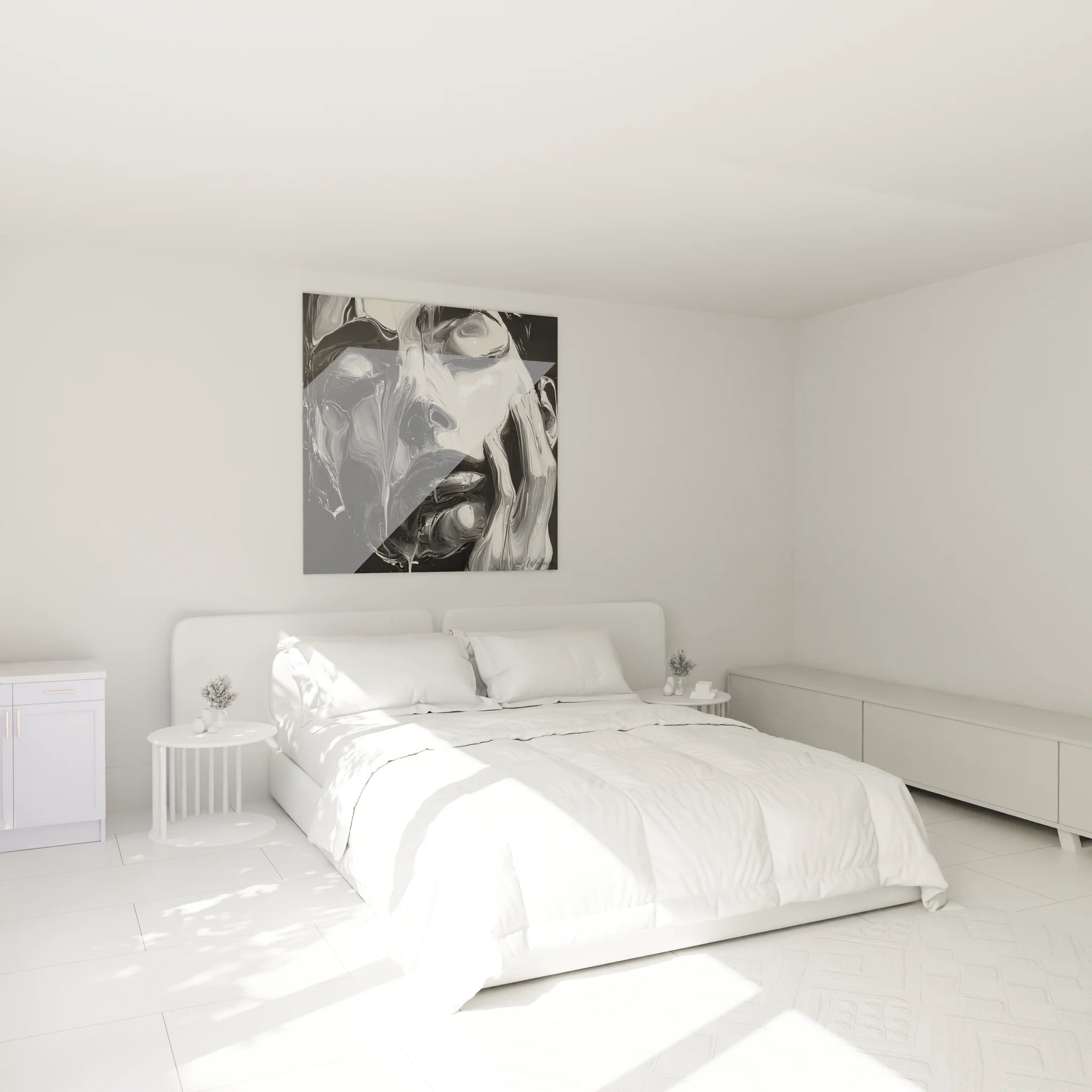 Tableau visage abstrait noir blanc dans chambre moderne, décoration murale contemporaine élégante