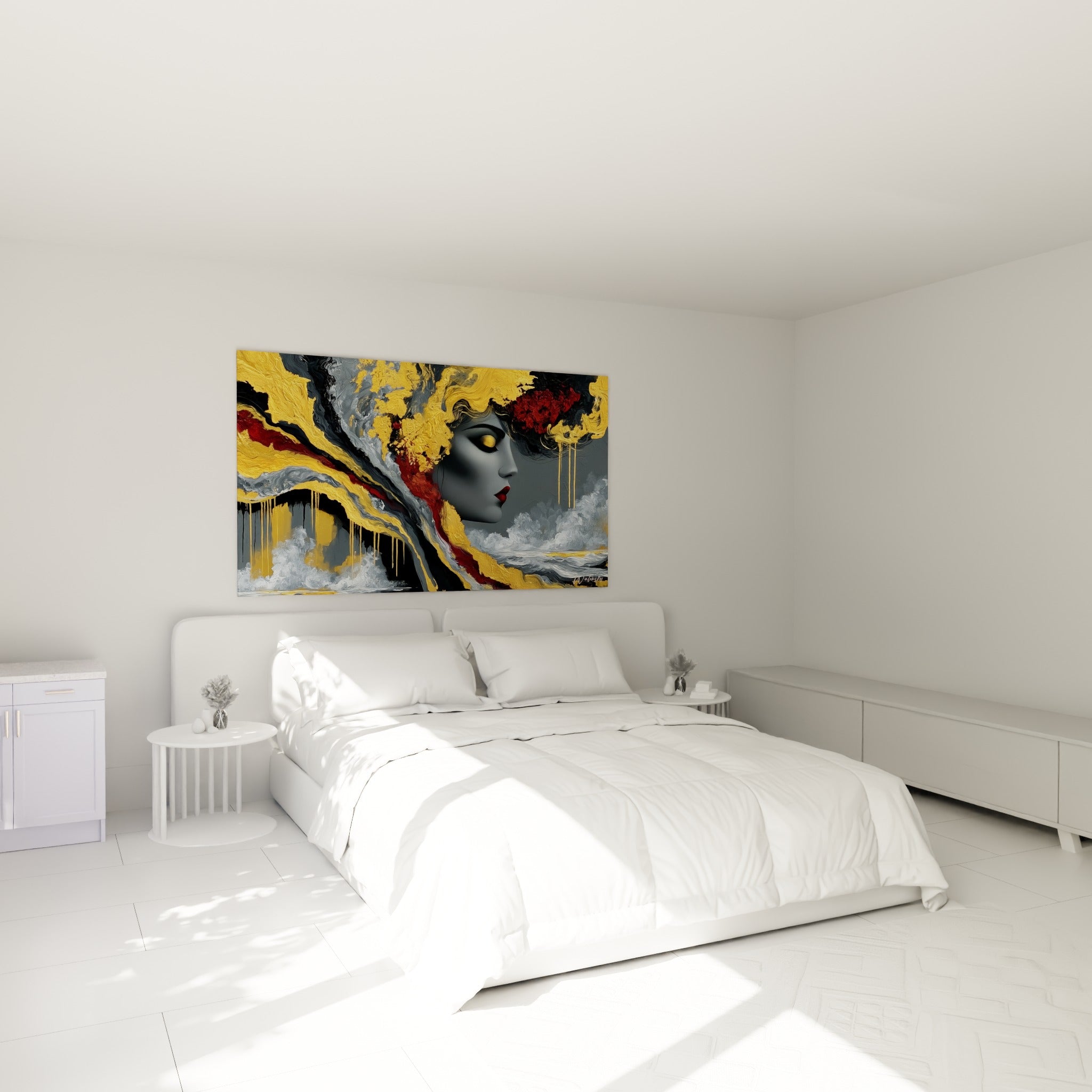Femme au regard clos, tons dorés et anthracite, tableau visage abstrait au-dessus d'un lit dans une chambre claire