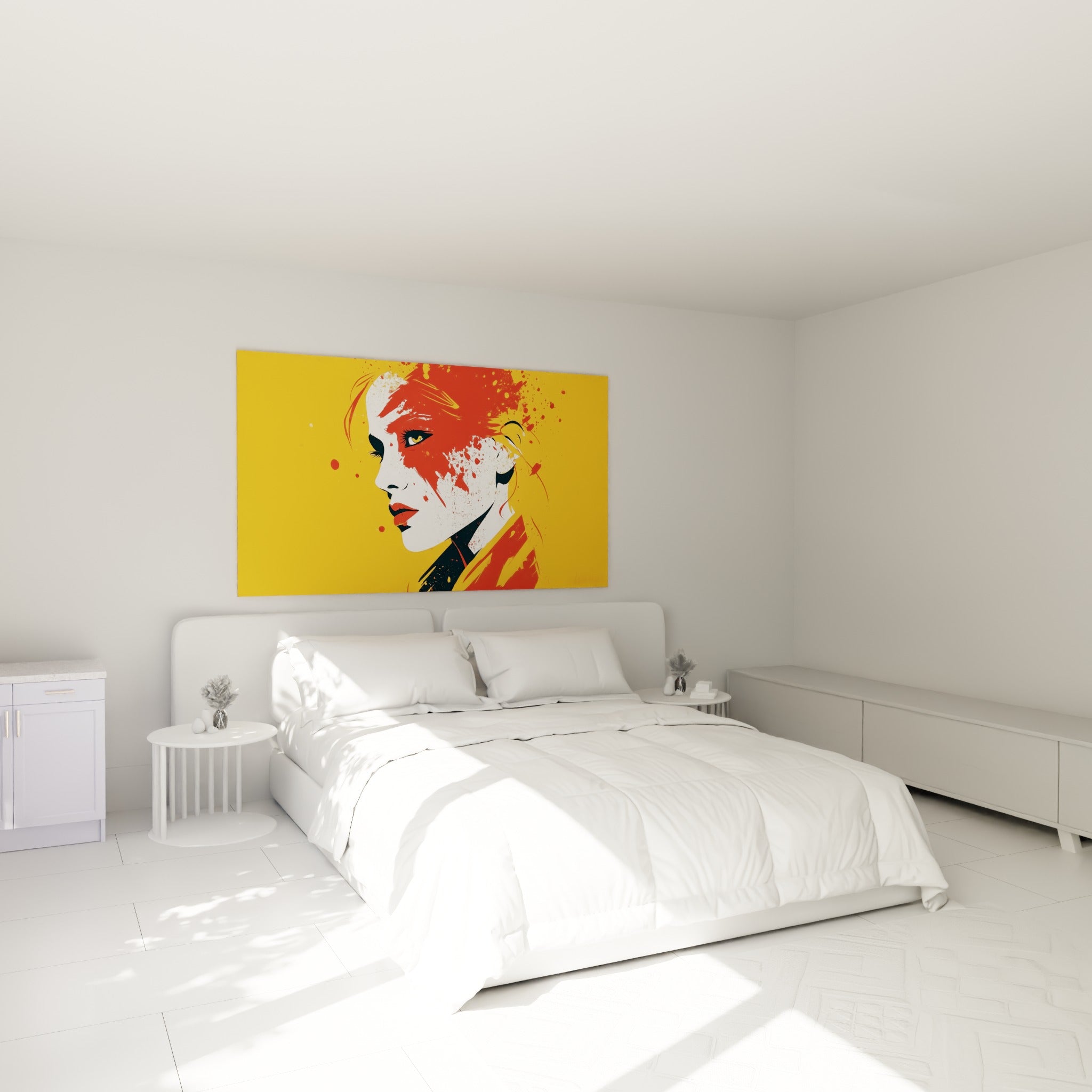 Portrait graphique jaune et rouge du visage abstrait, au-dessus d'un lit dans une chambre claire
