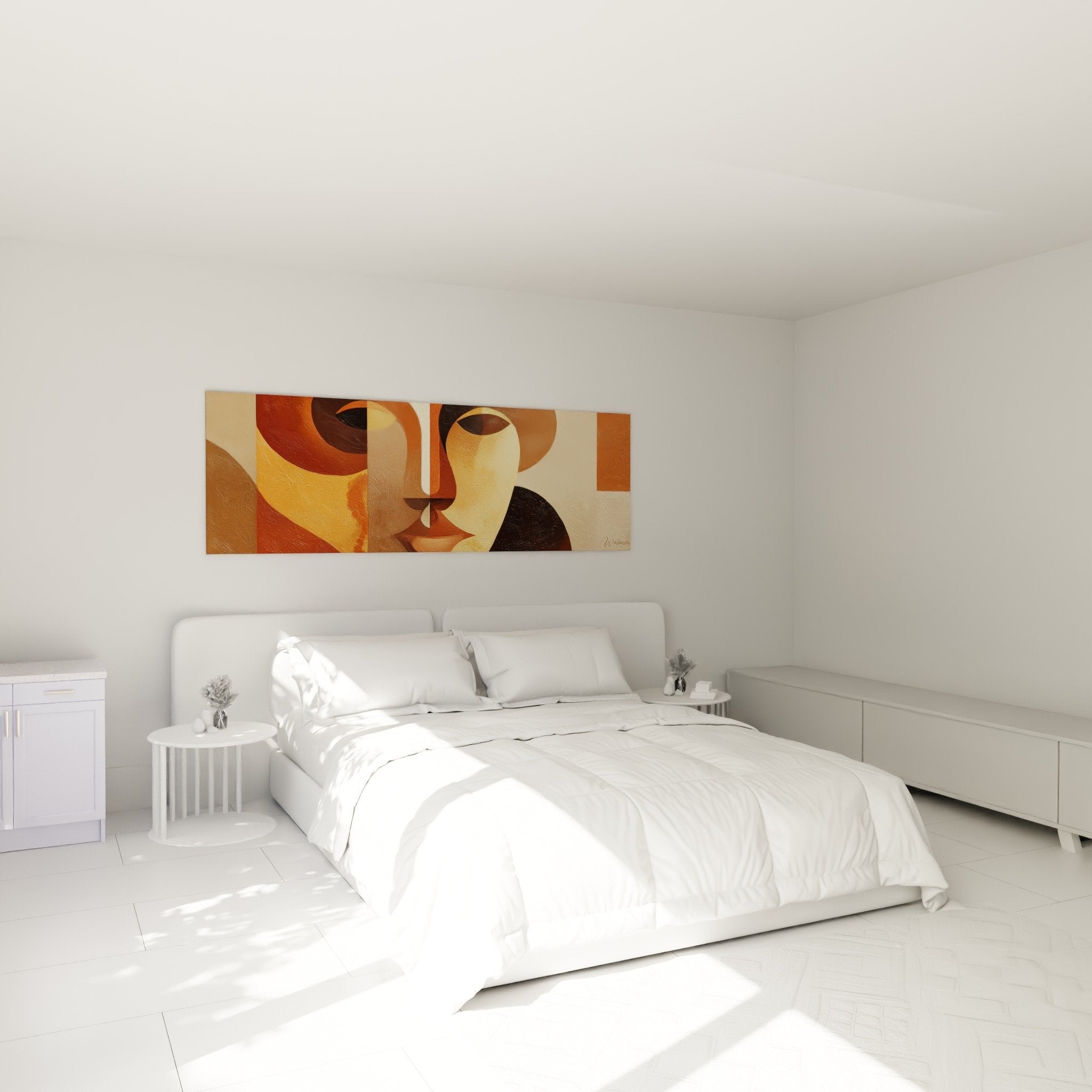 Tableau visage abstrait ocre orange dans chambre decoration murale feng shui harmonieuse terre