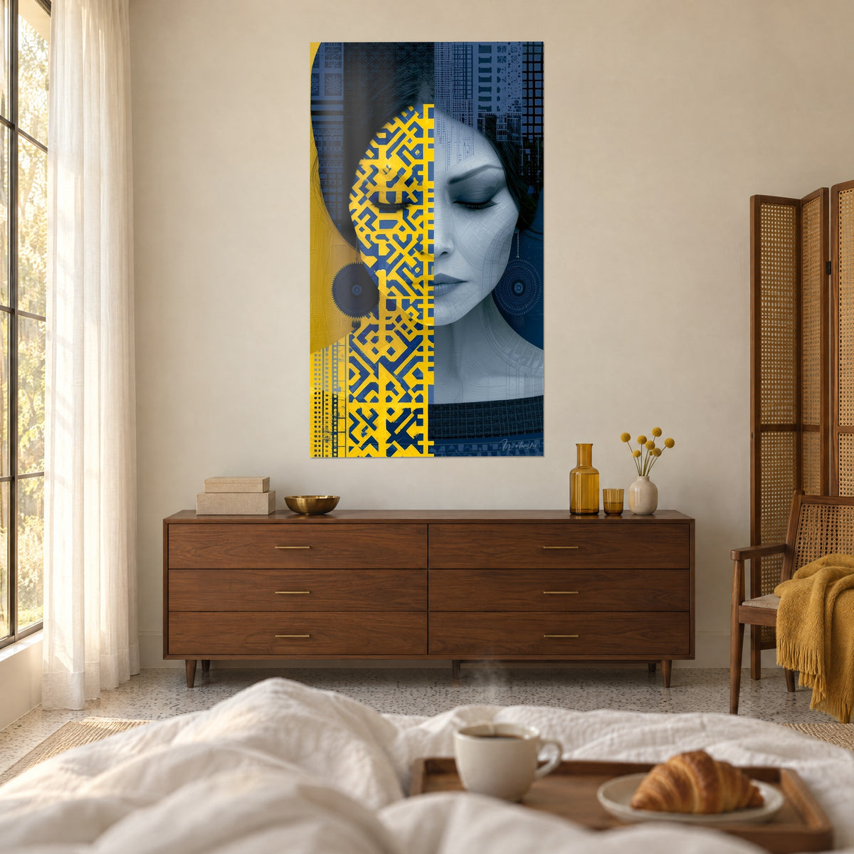 Tableau visage de femme paupières baissées, labyrinthe jaune et bleu, au-dessus d'un lit dans une chambre claire