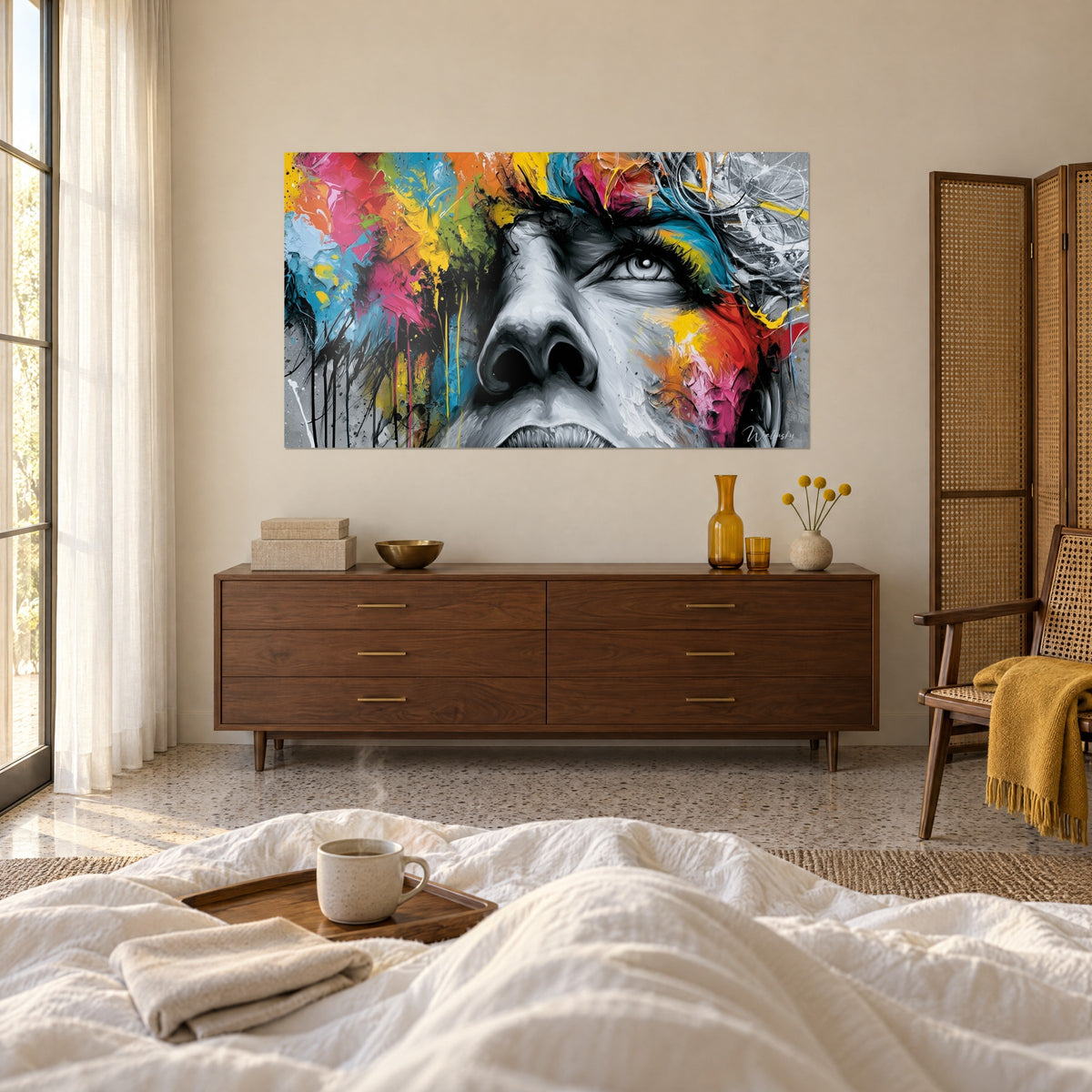 Tableau face grise éclaboussée de jaune et de turquoise, œil dilaté, au-dessus d'un lit dans une chambre claire