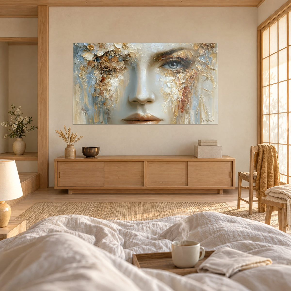 Quadro viso incipriato dallo sguardo azzurro, fiori bianchi e colature ramate, persona di spalle, sopra un letto in una camera luminosa