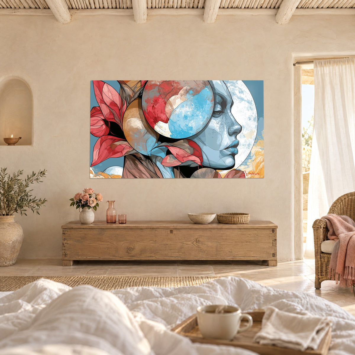 Cuadro retrato de perfil azul pálido y pétalos coral bajo un disco lunar, sobre una cama en un dormitorio luminoso