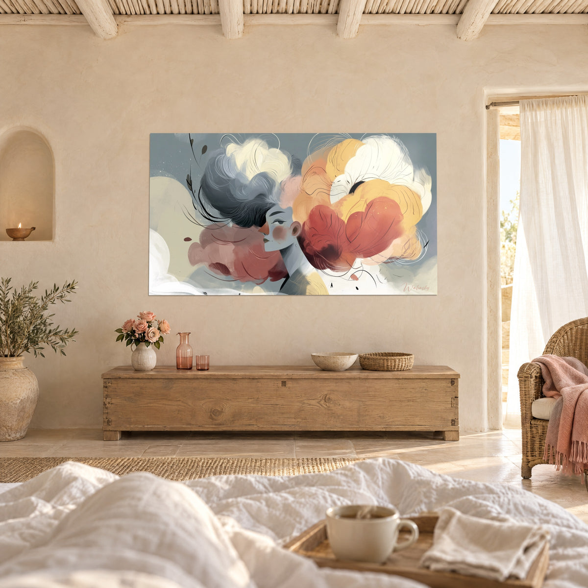 Tableau silhouette rêveuse aux nuages rouge brique, ocre et gris perle, plateau-petit-déjeuner sur un lit, au-dessus d'un lit dans une chambre claire
