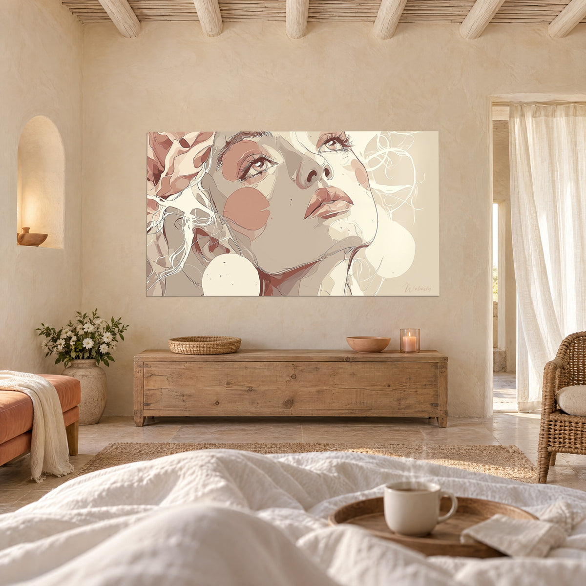 Schilderij vrouwelijk profiel met grote lichte ogen en koperroze wangen, haar in ivoorkleurige krullen, boven een bed in een lichte slaapkamer