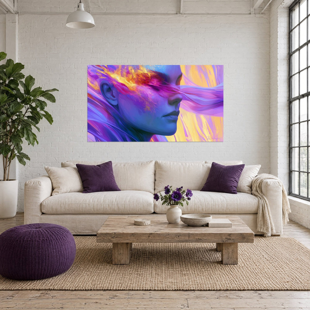 Wall art side profile face with cobalt blue cheeks and golden flames, wavy pink ribbon, hung above a sofa in a bright living room