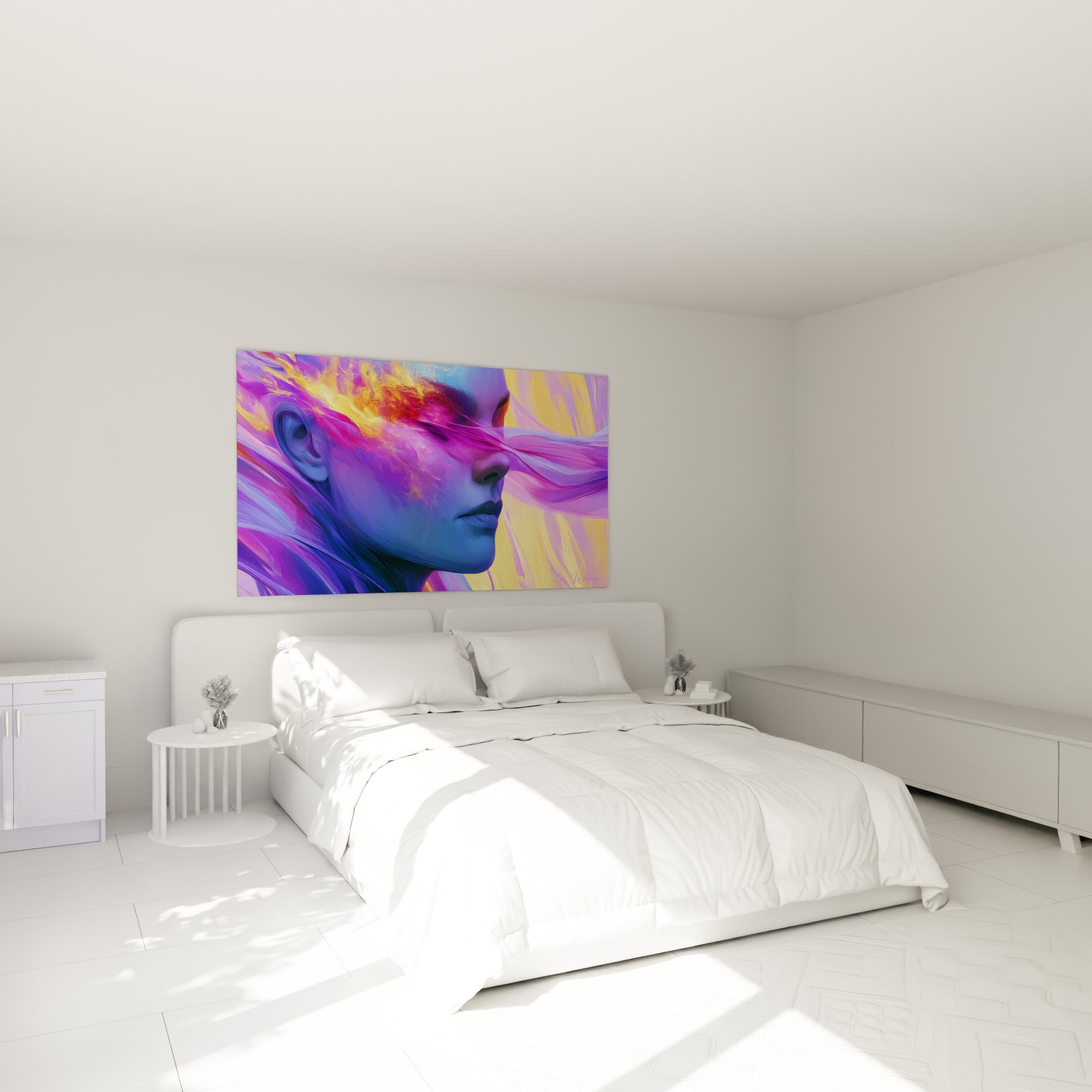 Visage abstrait aux teintes bleu nuit et doré au-dessus d'un lit dans une chambre claire