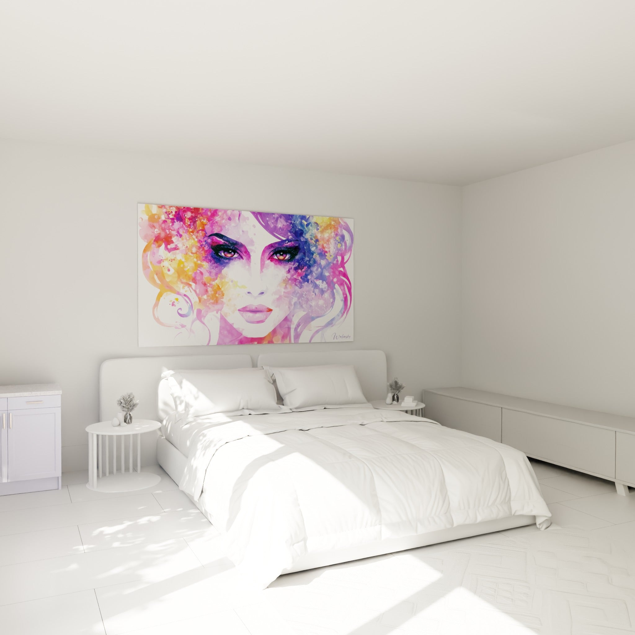 Visage abstrait rose et orange au regard perçant, accroché au-dessus d'un lit dans une chambre claire