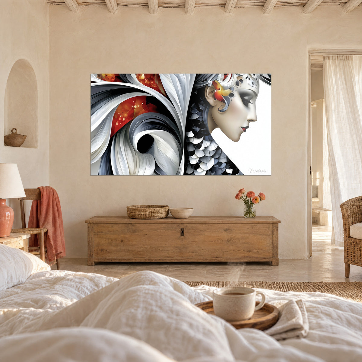 Wall art abstract female portrait with anthracite grey feathers, bright red highlights, above a bed in a light bedroom