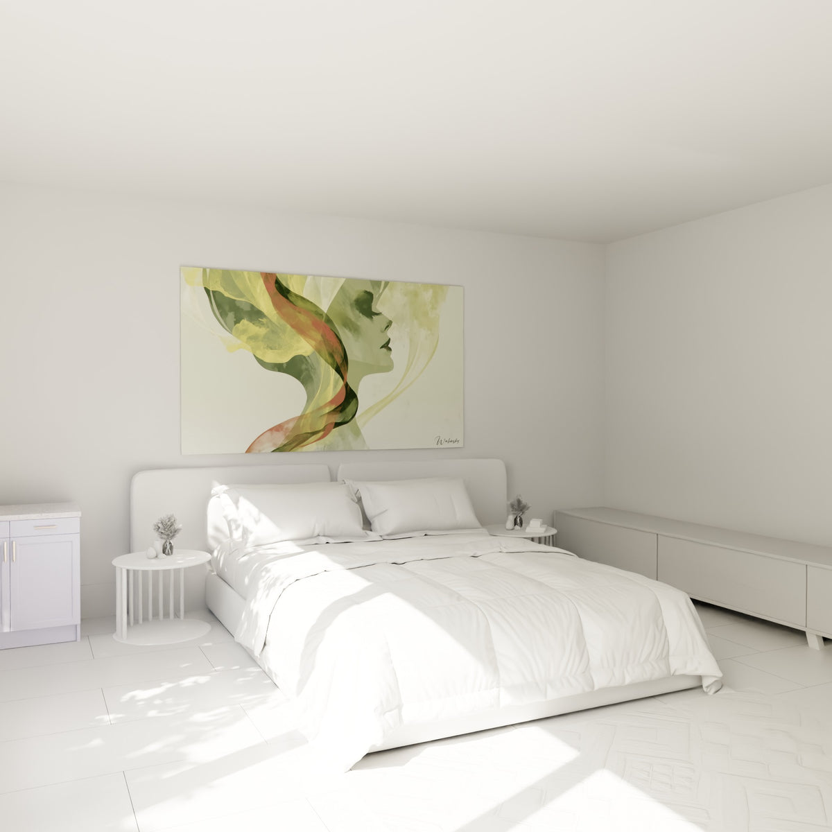 Silhouette de visage abstrait vert et doré, accrochée au-dessus d'un lit dans une chambre claire