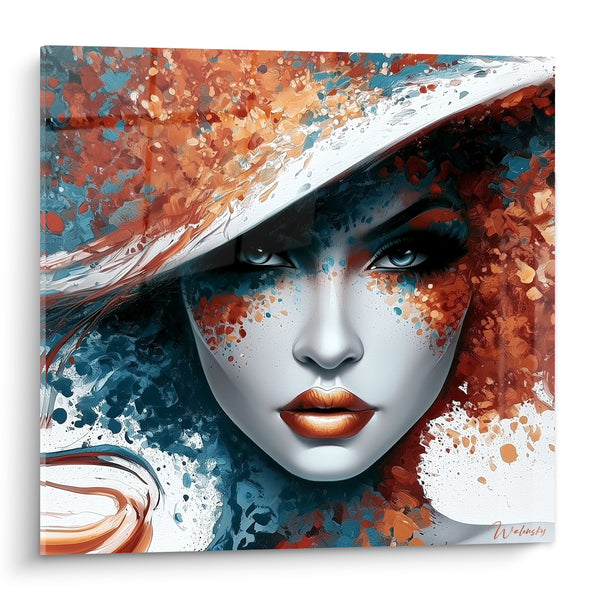 Tableau Visage au chapeau blanc et lèvres cuivrées - Regard sous la pluie - Edition Visage abstrait