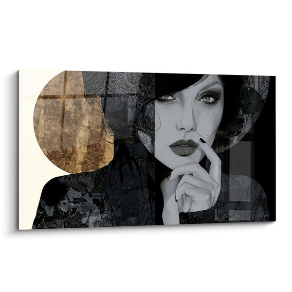 Tableau Portrait féminin noir et doré au chapeau - Murmure retenu - Edition Visage abstrait