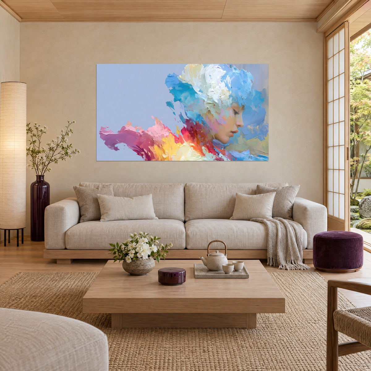 Gemälde Profilporträt in Himmelblau und Rosa, gelbe und orangefarbene Spritzer, über einem Sofa in einem hellen Wohnzimmer