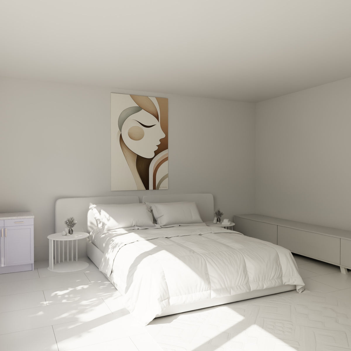 Silhouette féminine graphique beige et bleu grisé accrochée au-dessus d'un lit dans une chambre claire