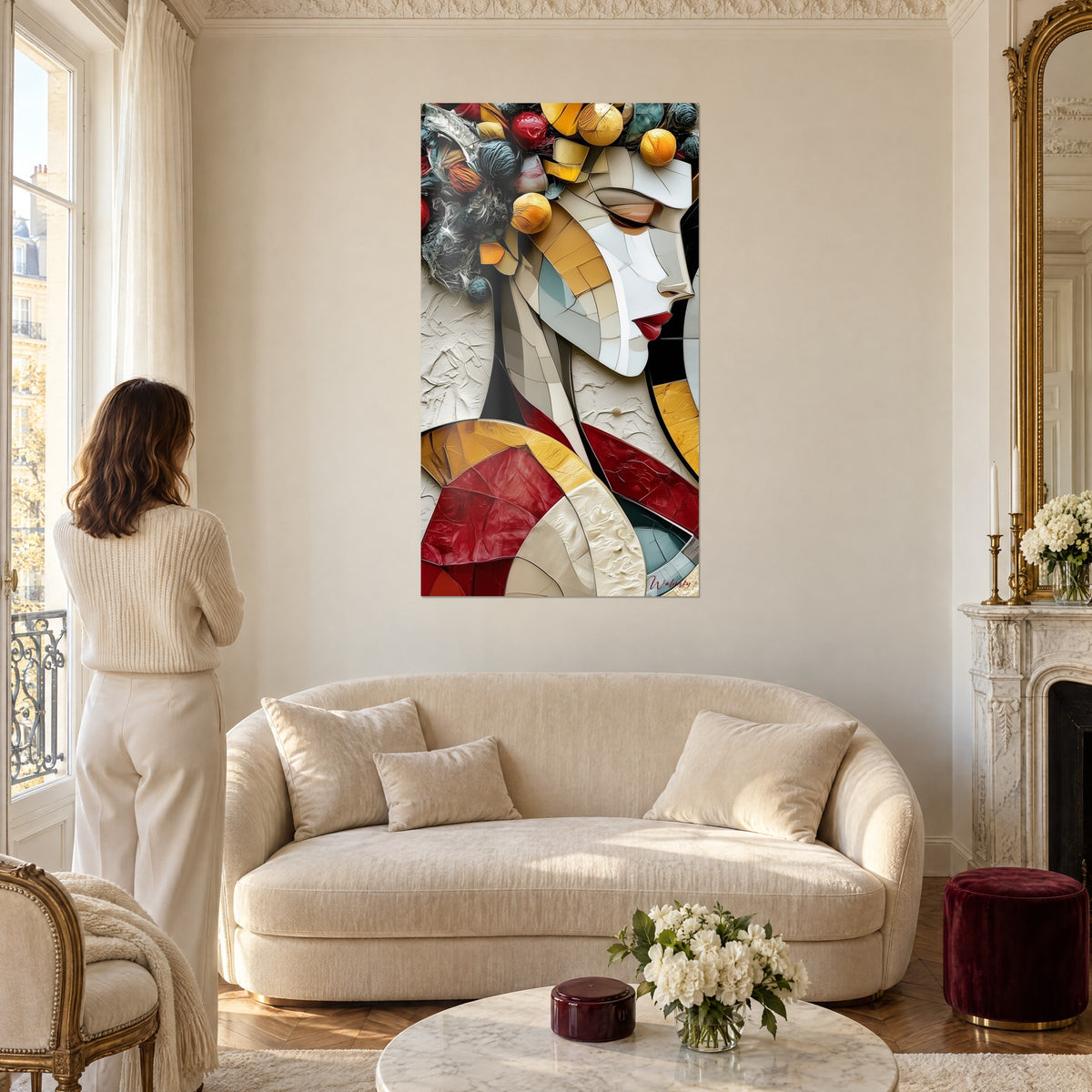Wall art woman's profile in ivory with red lips and golden curls, above a sofa in a bright living room