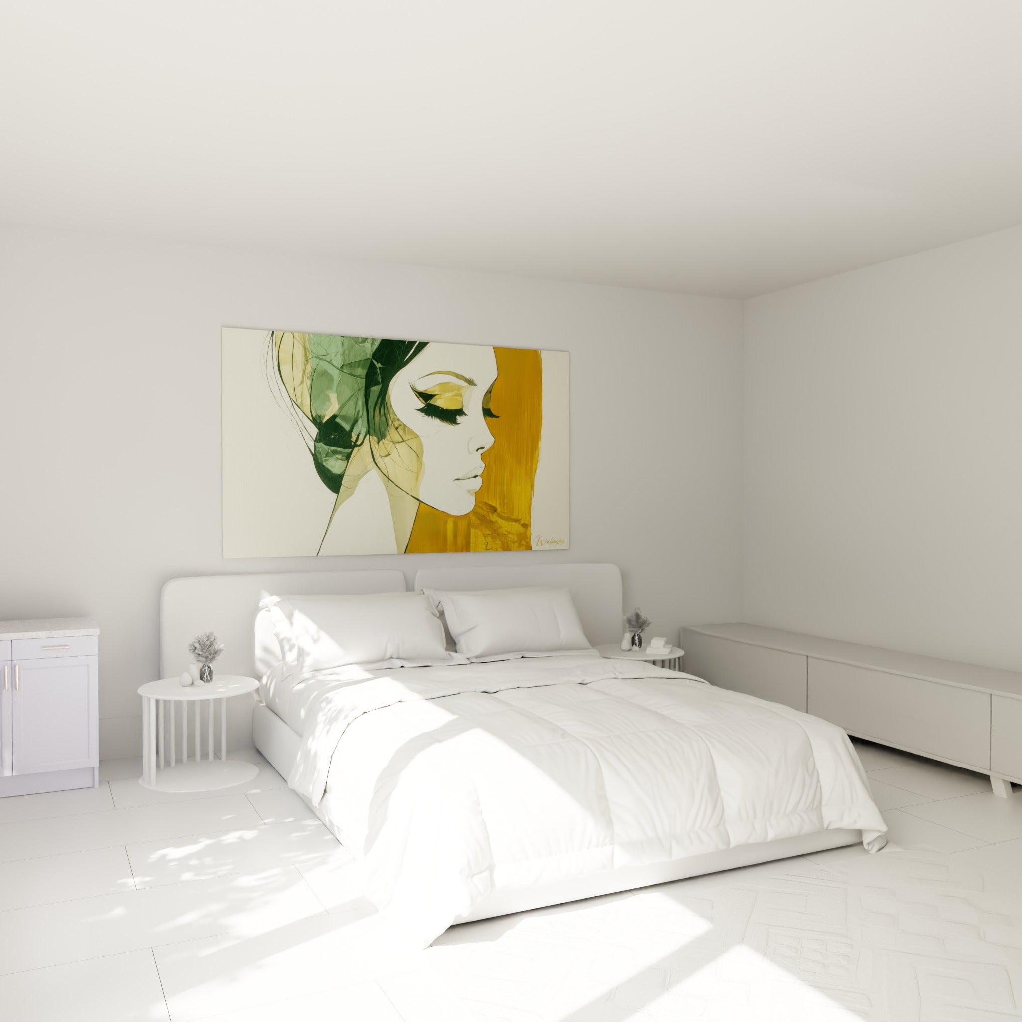 Portrait Visage abstrait doré et vert sauge accroché au-dessus d'un lit dans une chambre claire.