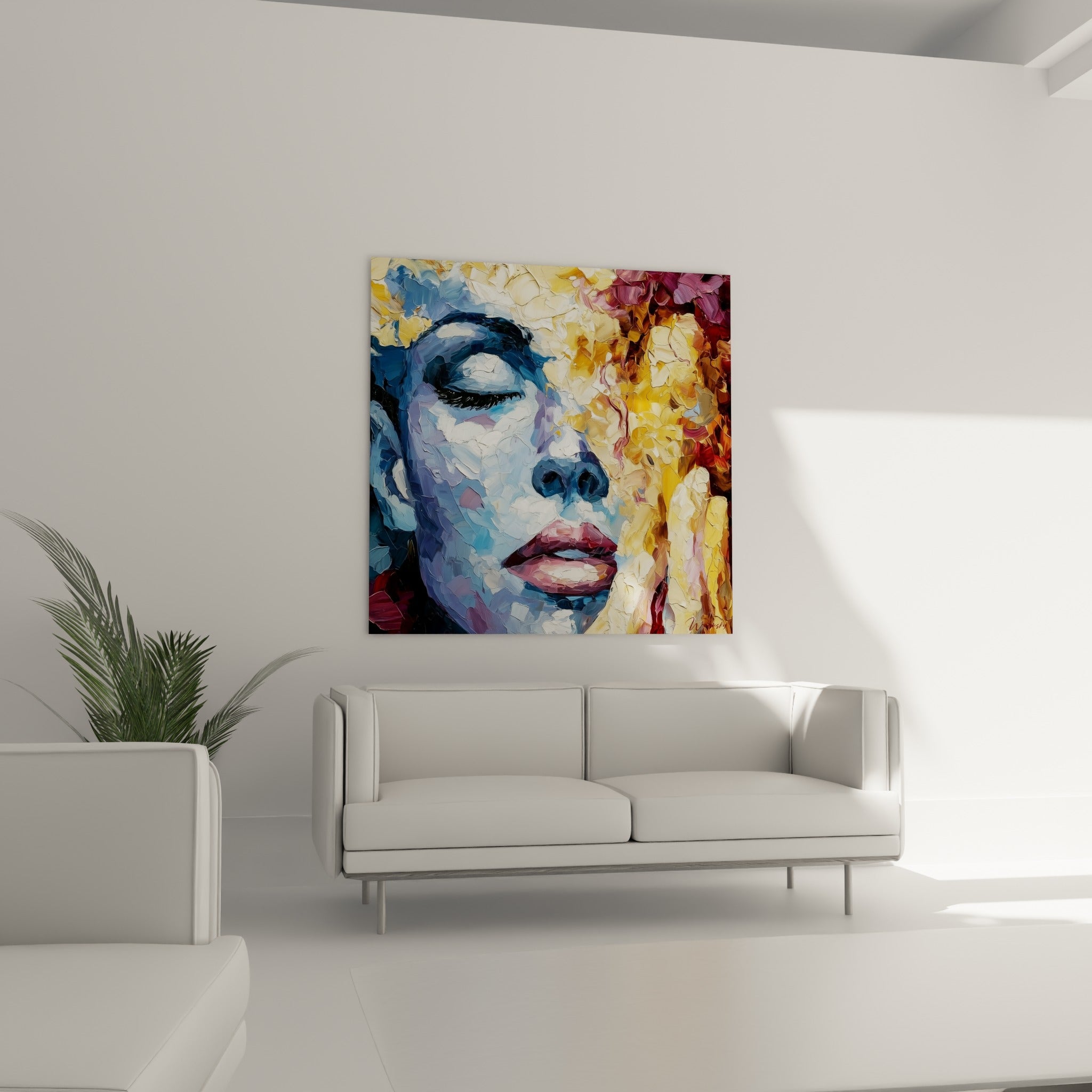 Visage aux tons bleu et ambre, portrait abstrait au-dessus d'un canapé dans un salon lumineux