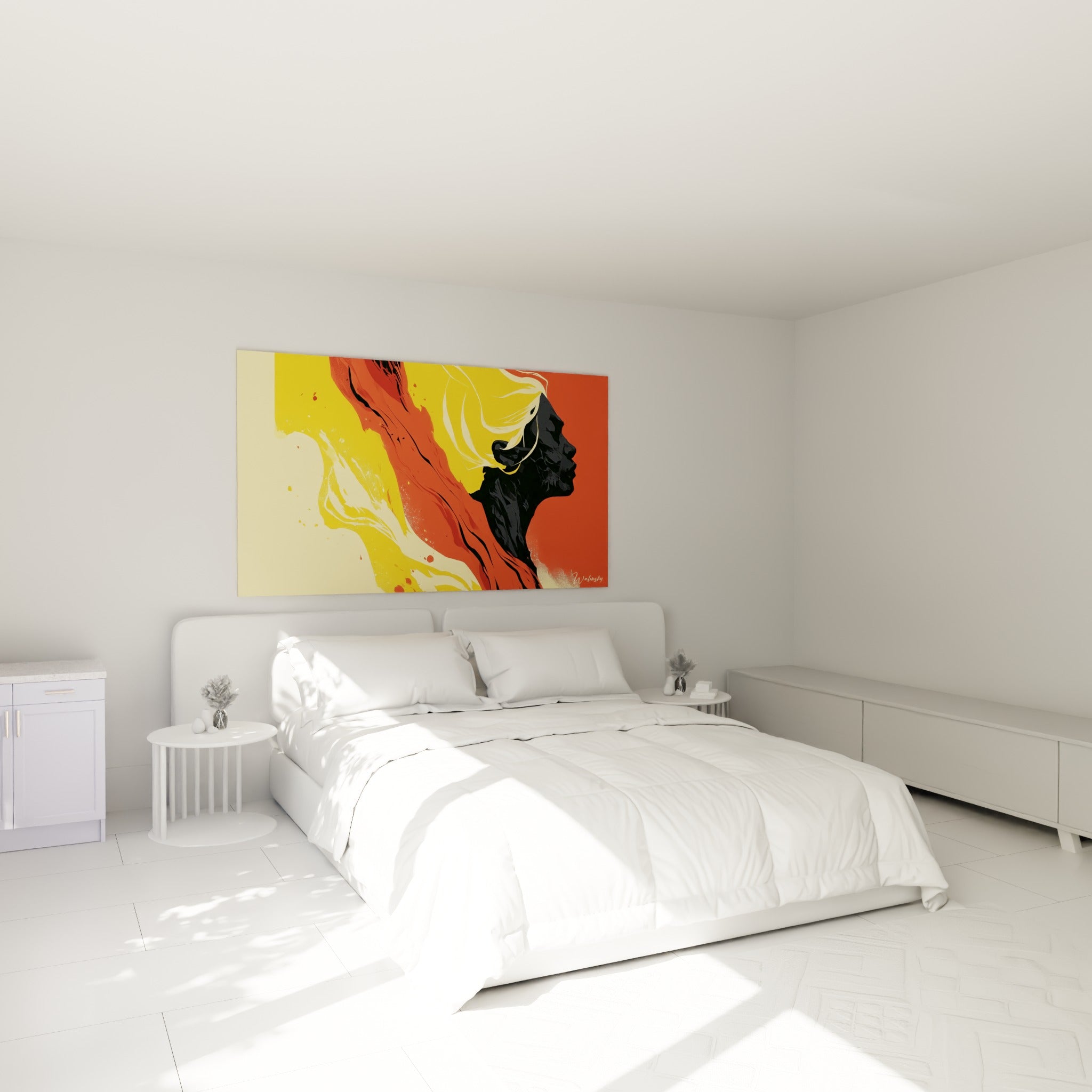 Silhouette sombre traversée de flammes jaune et terracotta, accrochée au-dessus d'un lit dans une chambre claire