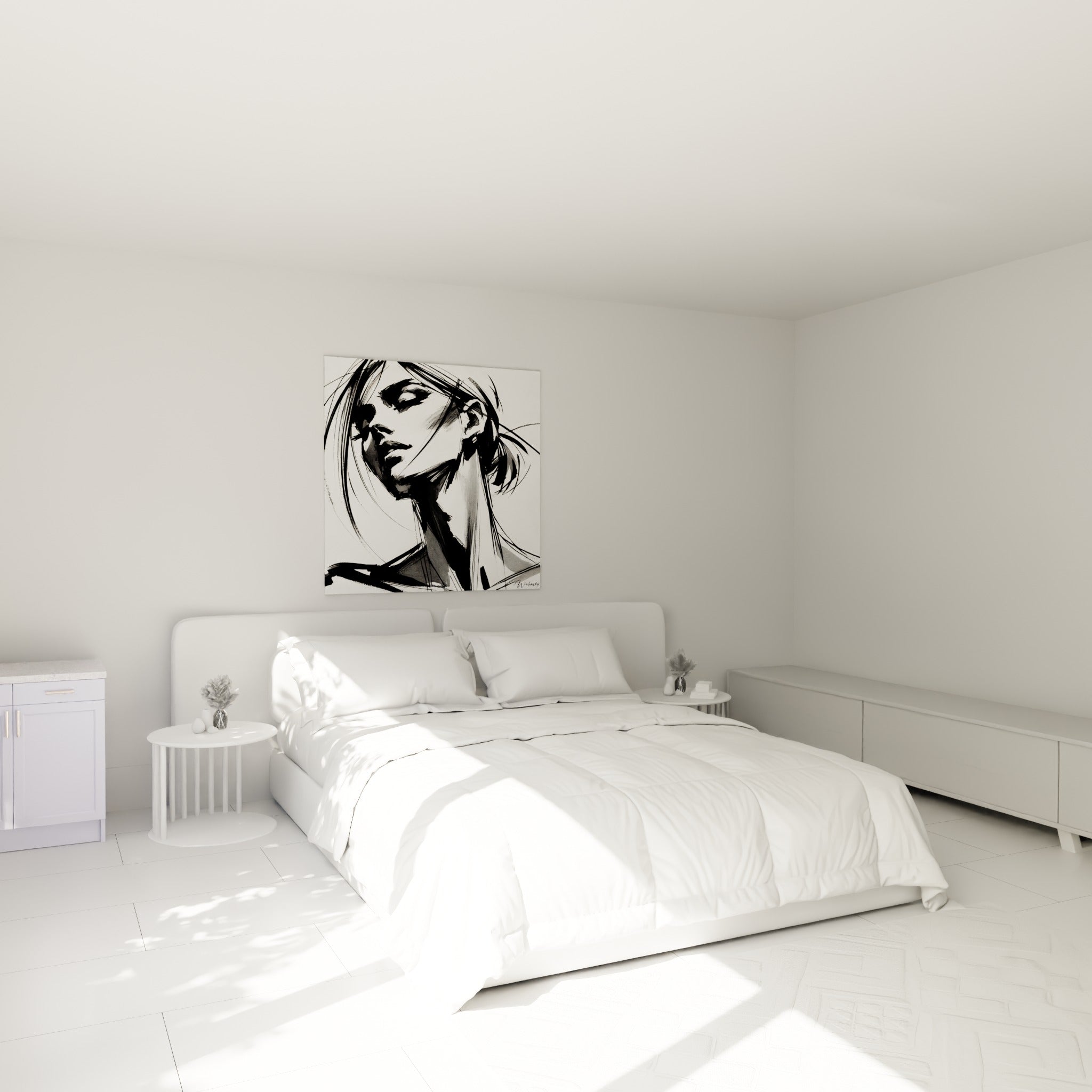Portrait esquissé au trait noir intense au-dessus d'un lit dans une chambre claire