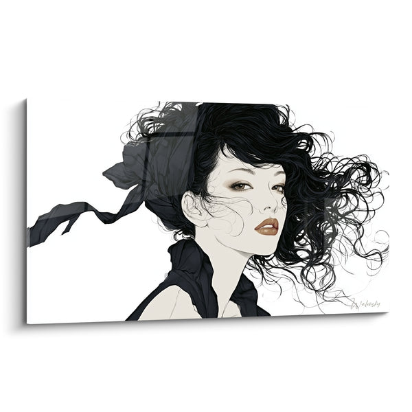 Tableau Portrait féminin chevelure noire et écharpe - Souffle de mystère - Edition Visage abstrait