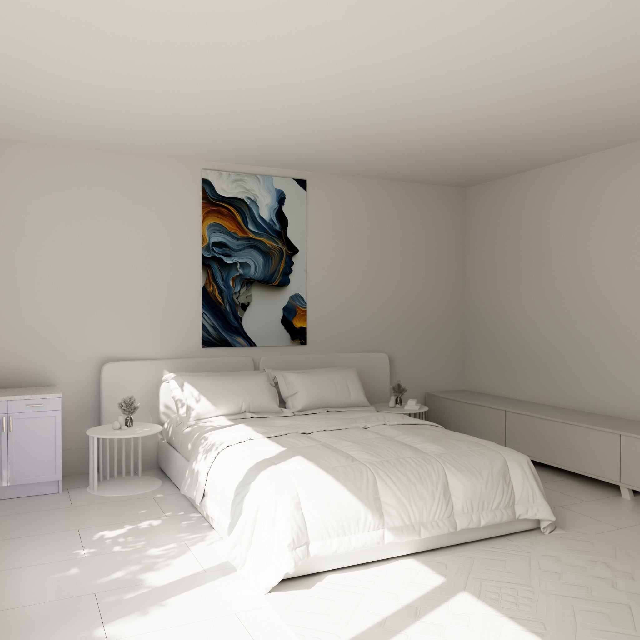 Silhouette Visage abstrait bleu marine et anthracite au-dessus d'un lit dans une chambre claire