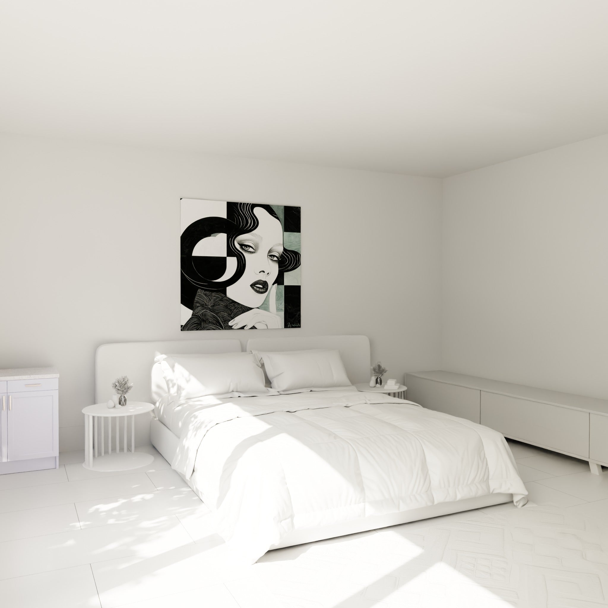 Portrait graphique du visage abstrait aux tons noir et vert sauge au-dessus d'un lit dans une chambre claire