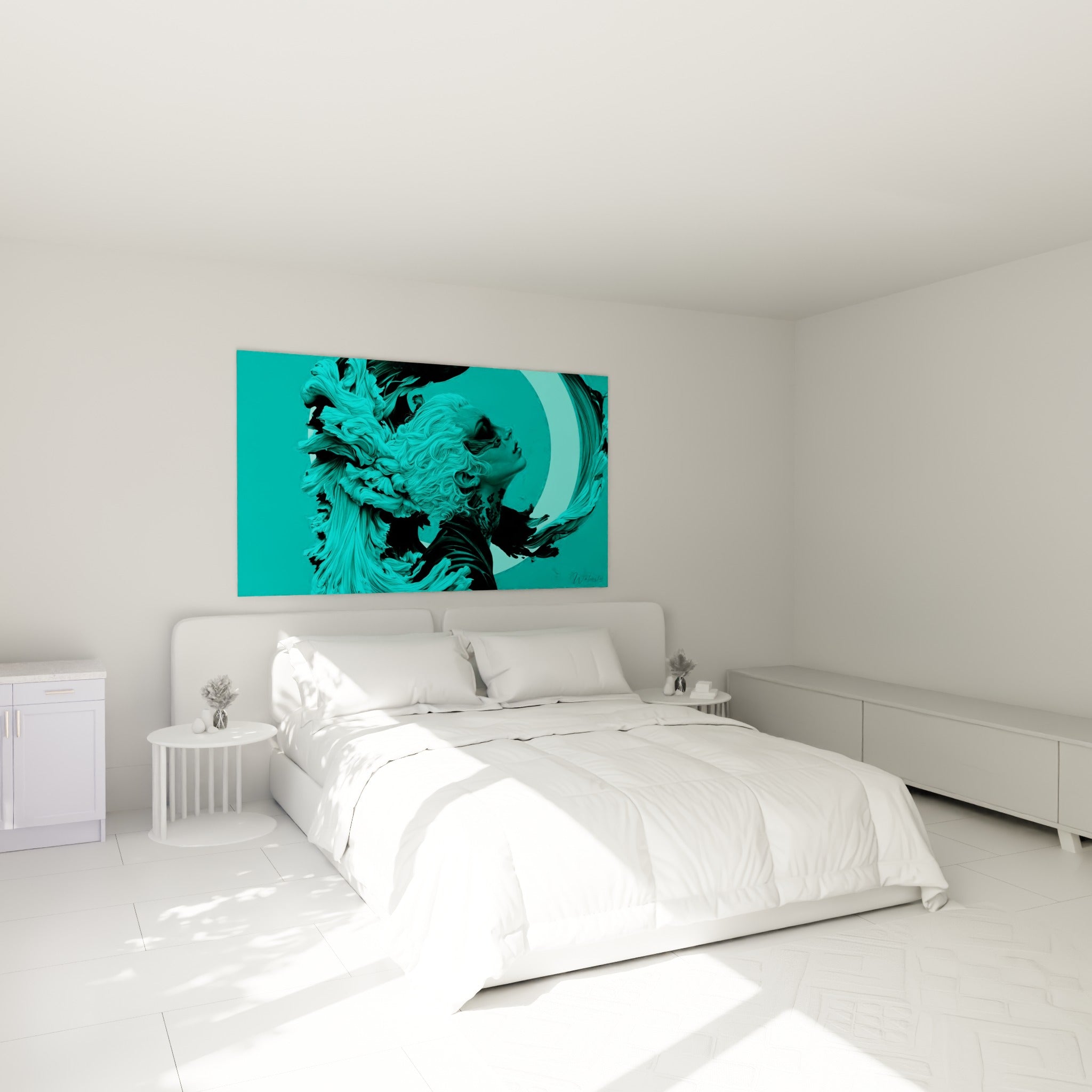 Visage abstrait turquoise aux mèches fluides, portrait levé vers la lune, au-dessus d'un lit dans une chambre claire