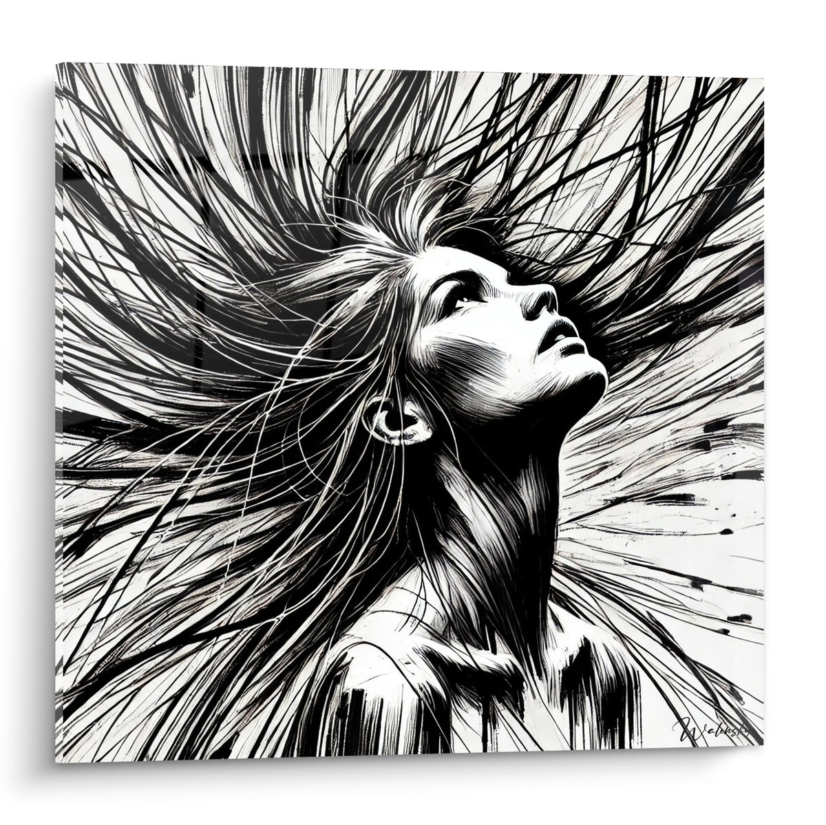 Visage abstrait de femme aux mèches noires envolées sur fond blanc, style encre expressif