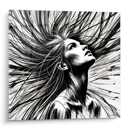 Visage abstrait de femme aux mèches noires envolées sur fond blanc, style encre expressif
