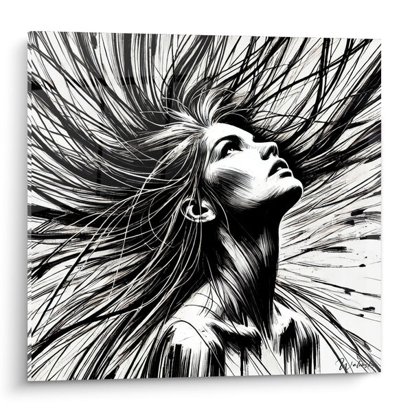 Tableau Femme cheveux noirs et blancs en mouvement - Souffle libérateur - Edition Visage asbtrait