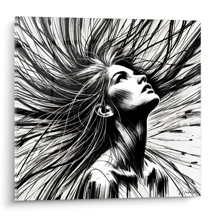 Tableau Femme cheveux noirs et blancs en mouvement - Souffle libérateur - Edition Visage asbtrait