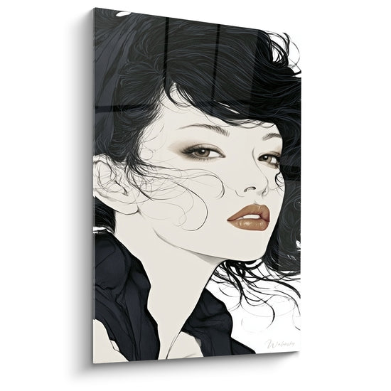 Tableau Visage noir et ivoire aux mèches vaporeuses - Chevelure au vent - Edition Visage abstrait