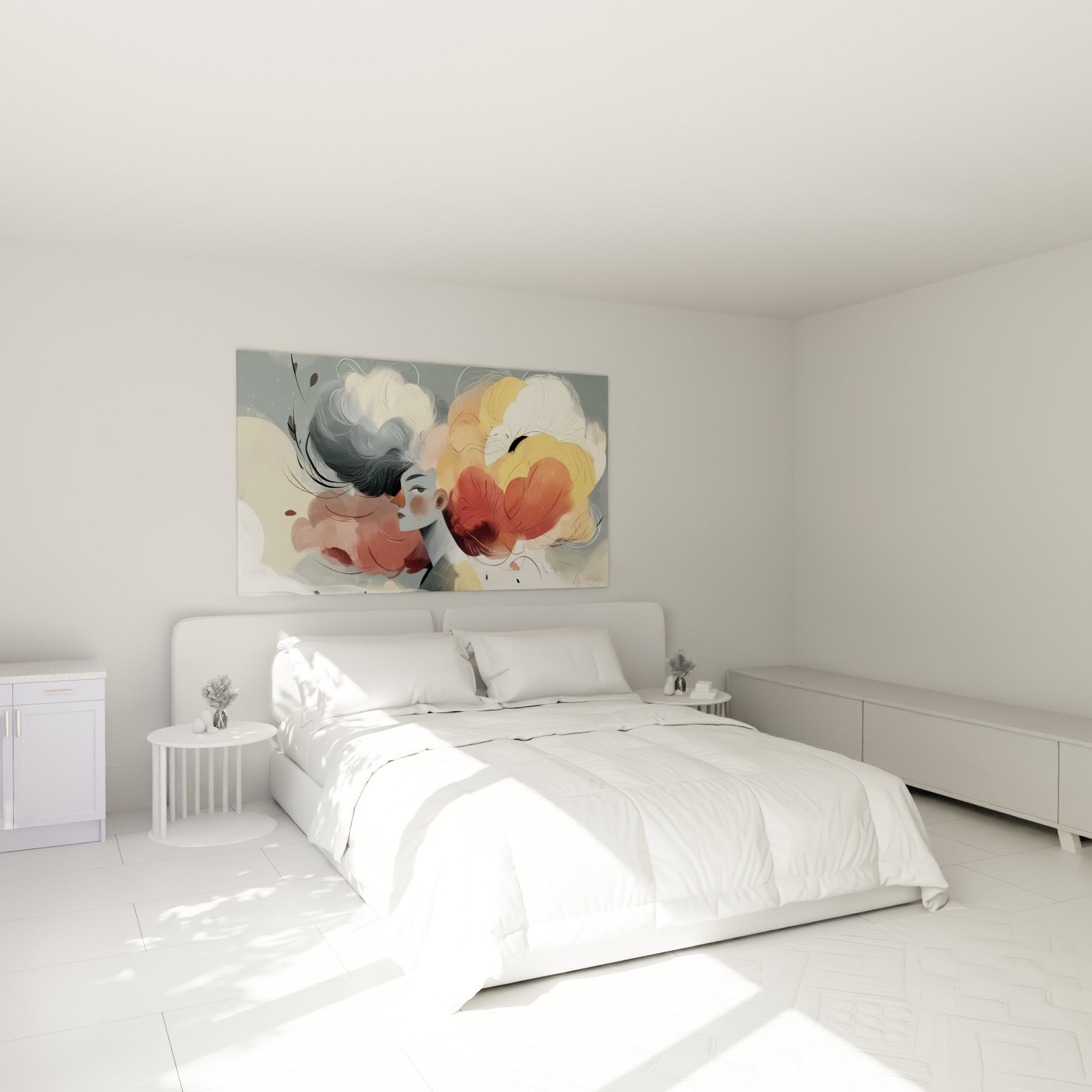 Chevelure ocre et anthracite en volutes vaporeuses, visage abstrait au-dessus d'un lit dans une chambre claire