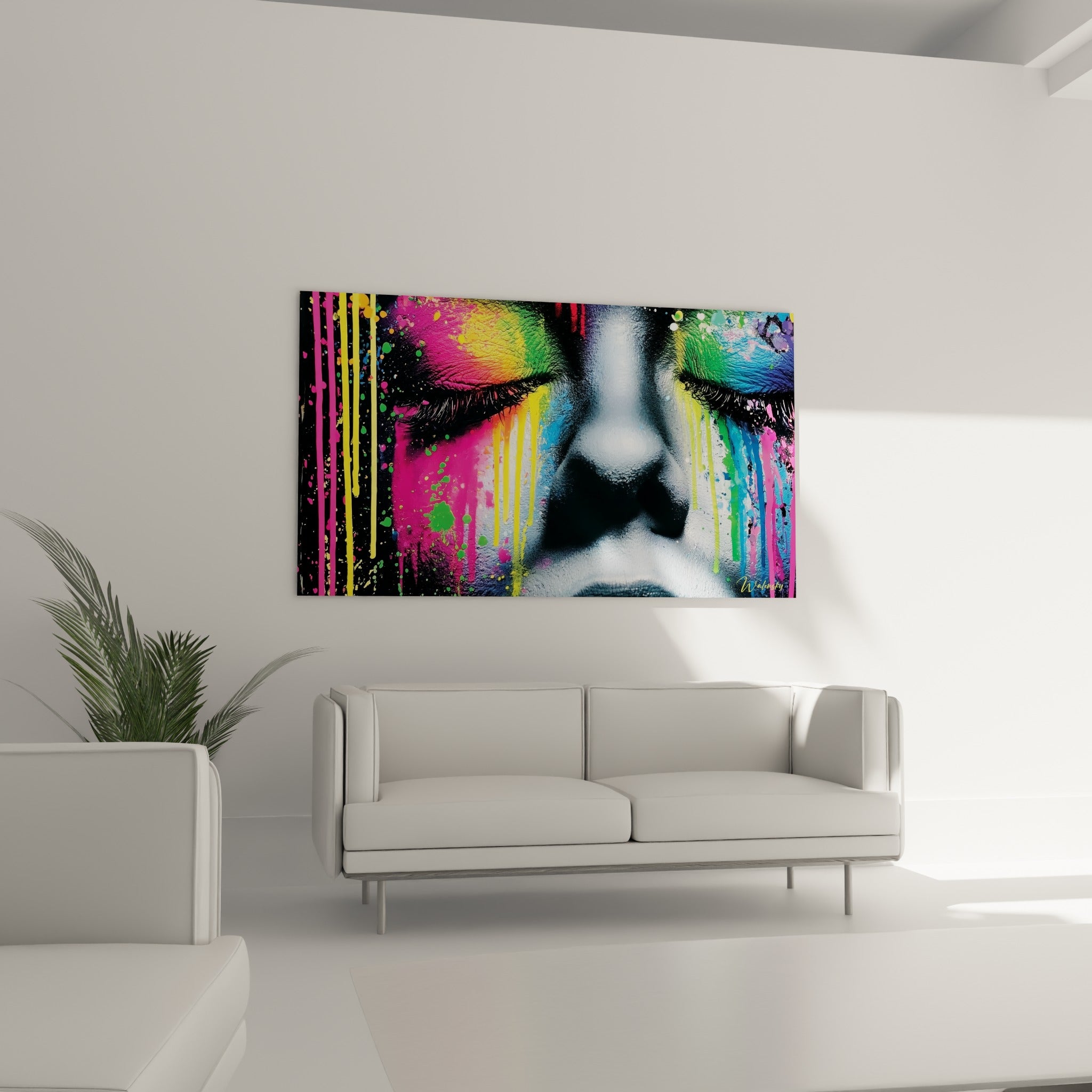 Cils fournis et coulures fuchsia parcourant le visage abstrait, installé au-dessus d'un canapé dans un salon lumineux