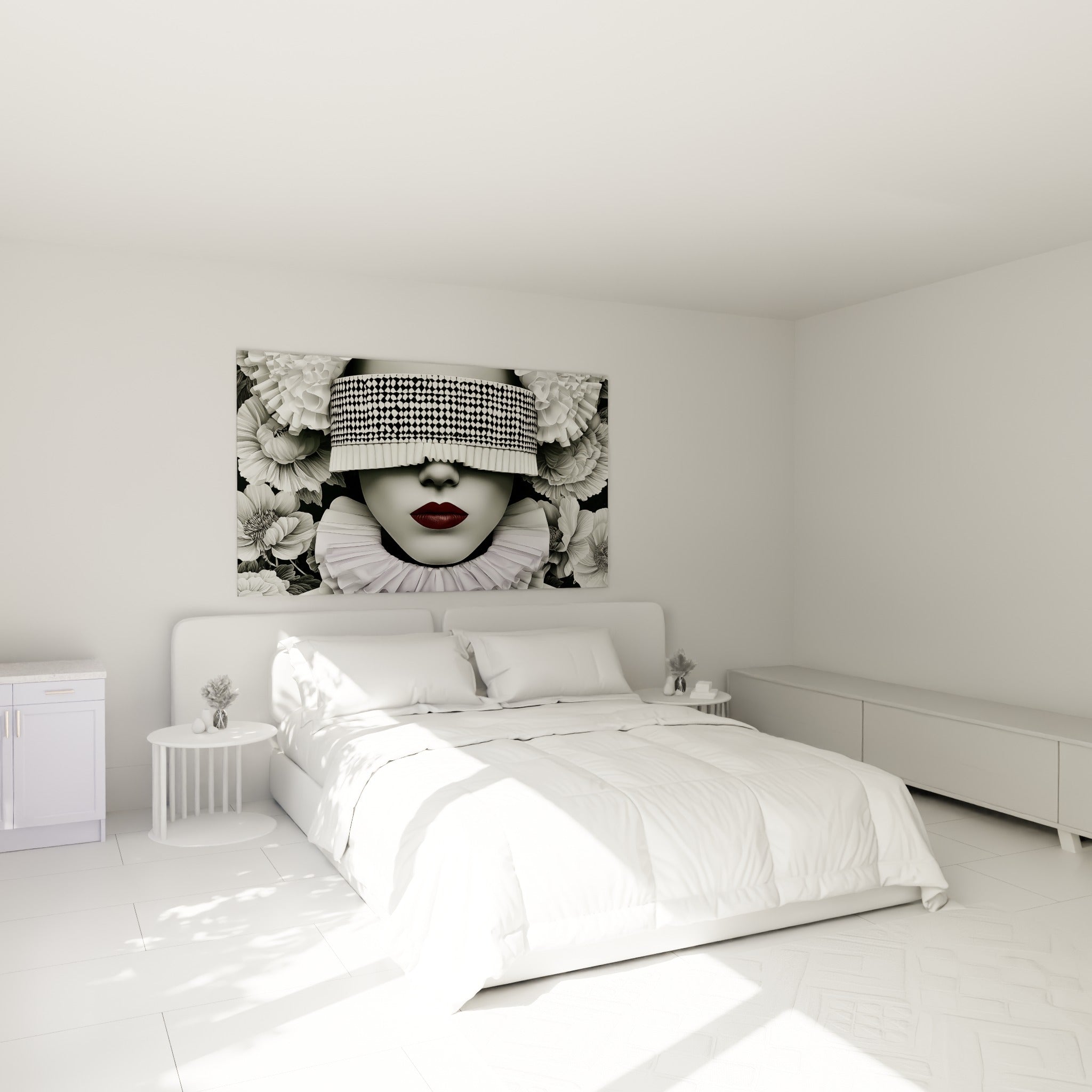 Portrait masqué en noir et blanc avec lèvres bordeaux, accroché au-dessus d'un lit dans une chambre claire