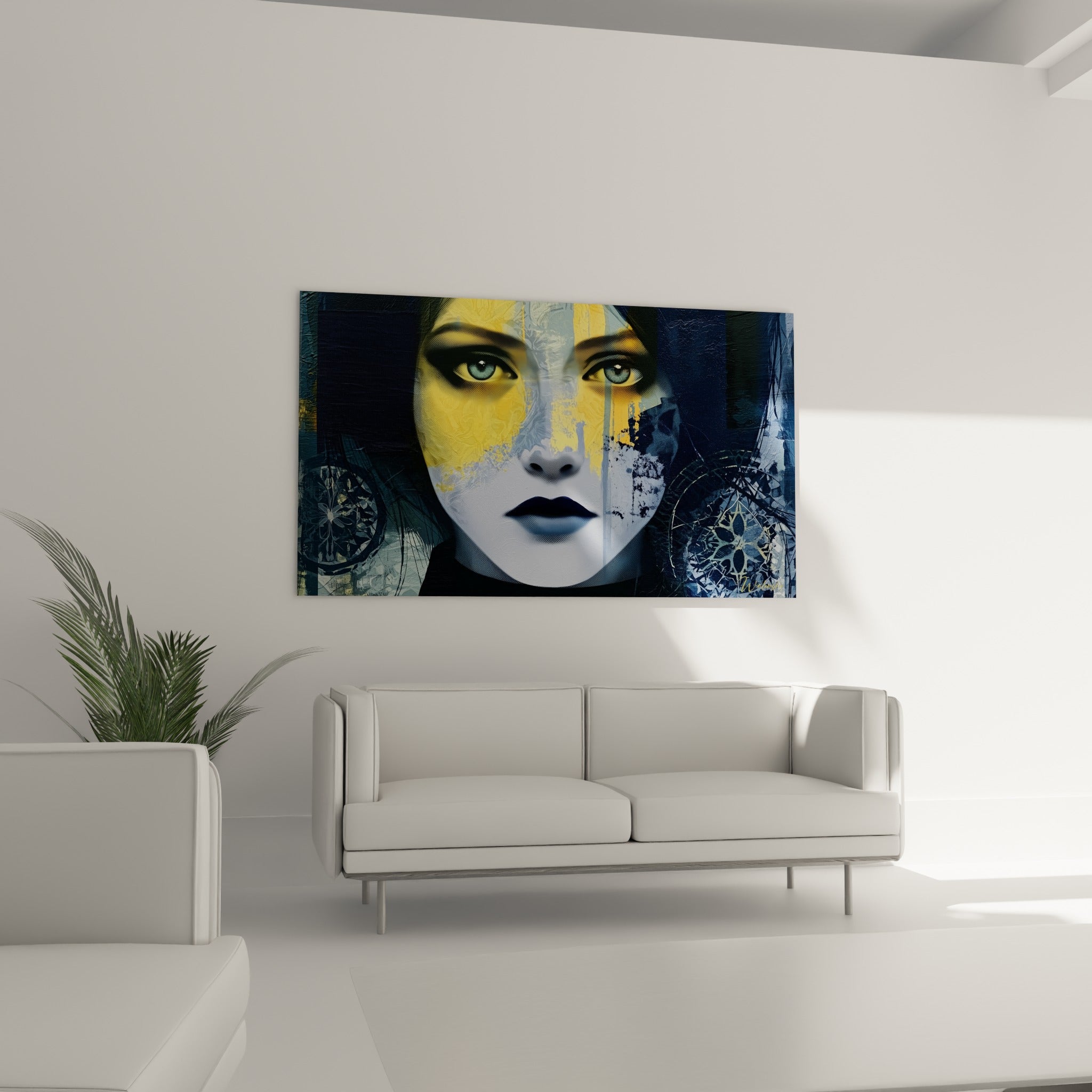 Regard bleu pâle intense du Visage abstrait entre lumière dorée et ombre marine, au-dessus d'un canapé dans un salon lumineux