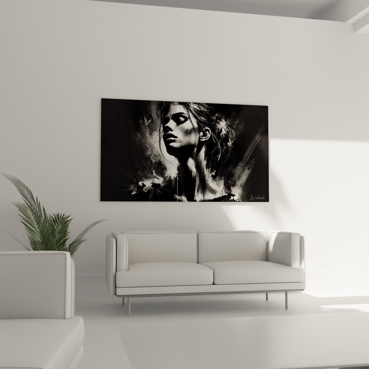 Silhouette pensive en noir profond et blanc lumineux disposée au-dessus d'un canapé dans un salon lumineux