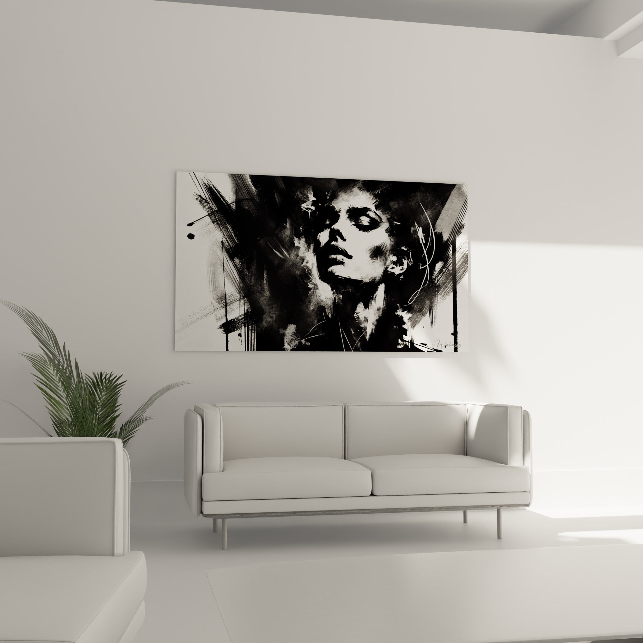 Femme abstraite en noir profond et blanc lumineux, suspendue au-dessus d'un canapé dans un salon lumineux