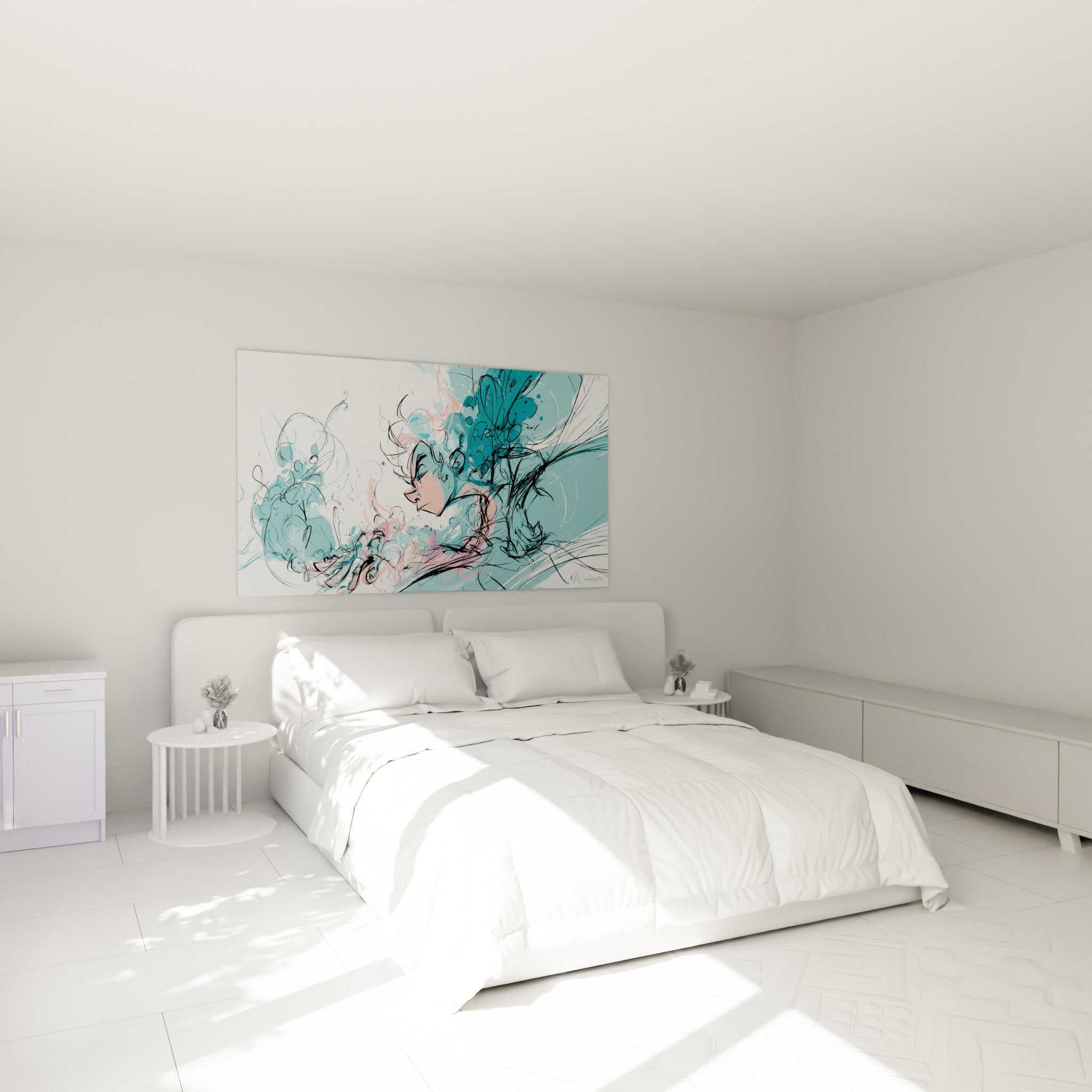Visage abstrait aux traits fins, turquoise et rose, accroché au-dessus d'un lit dans une chambre claire