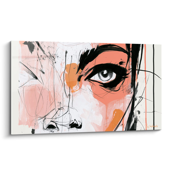 Tableau Œil corail et noir aux traits esquissés - Regard perçant croqué - Edition Visage abstrait