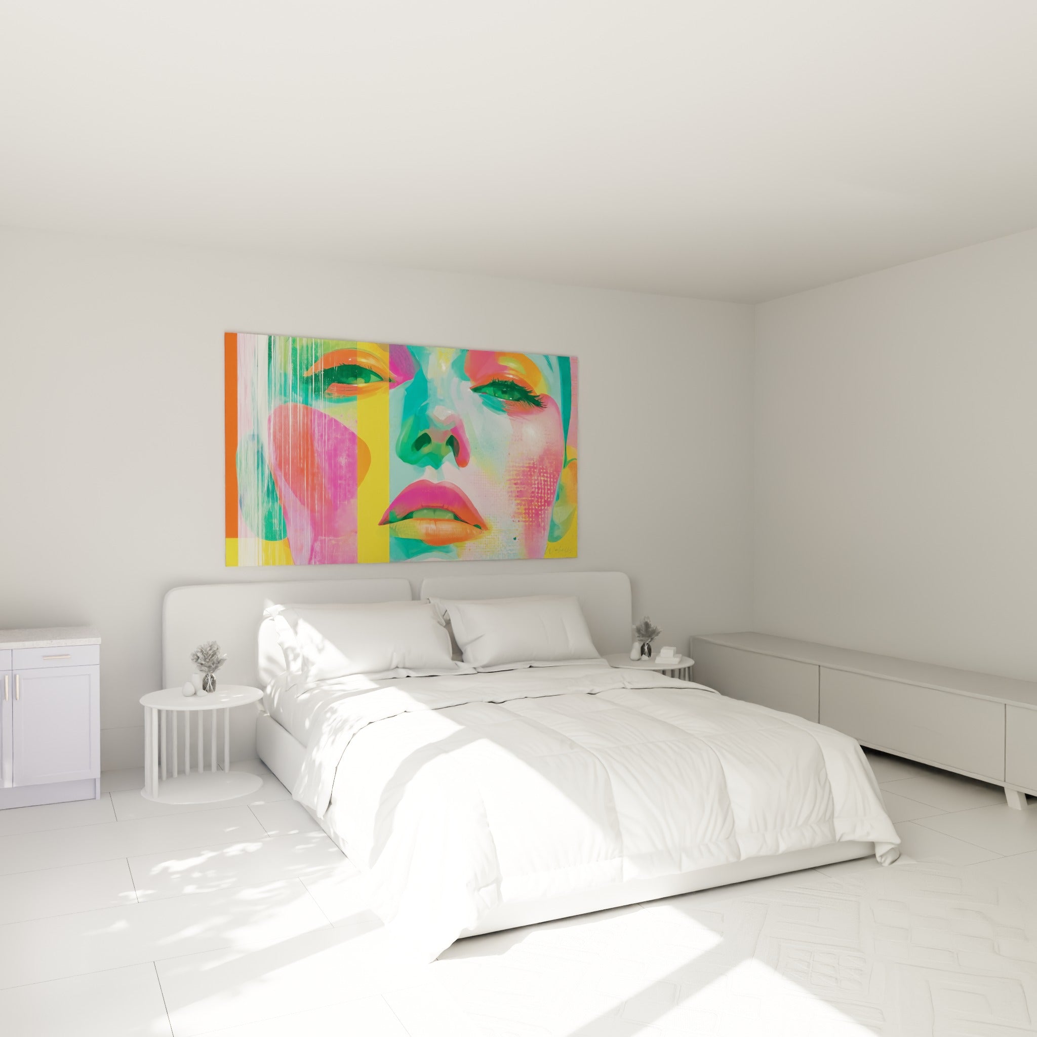 Regard vert perçant sur visage rose et turquoise, lèvres corail, au-dessus d'un lit dans une chambre claire