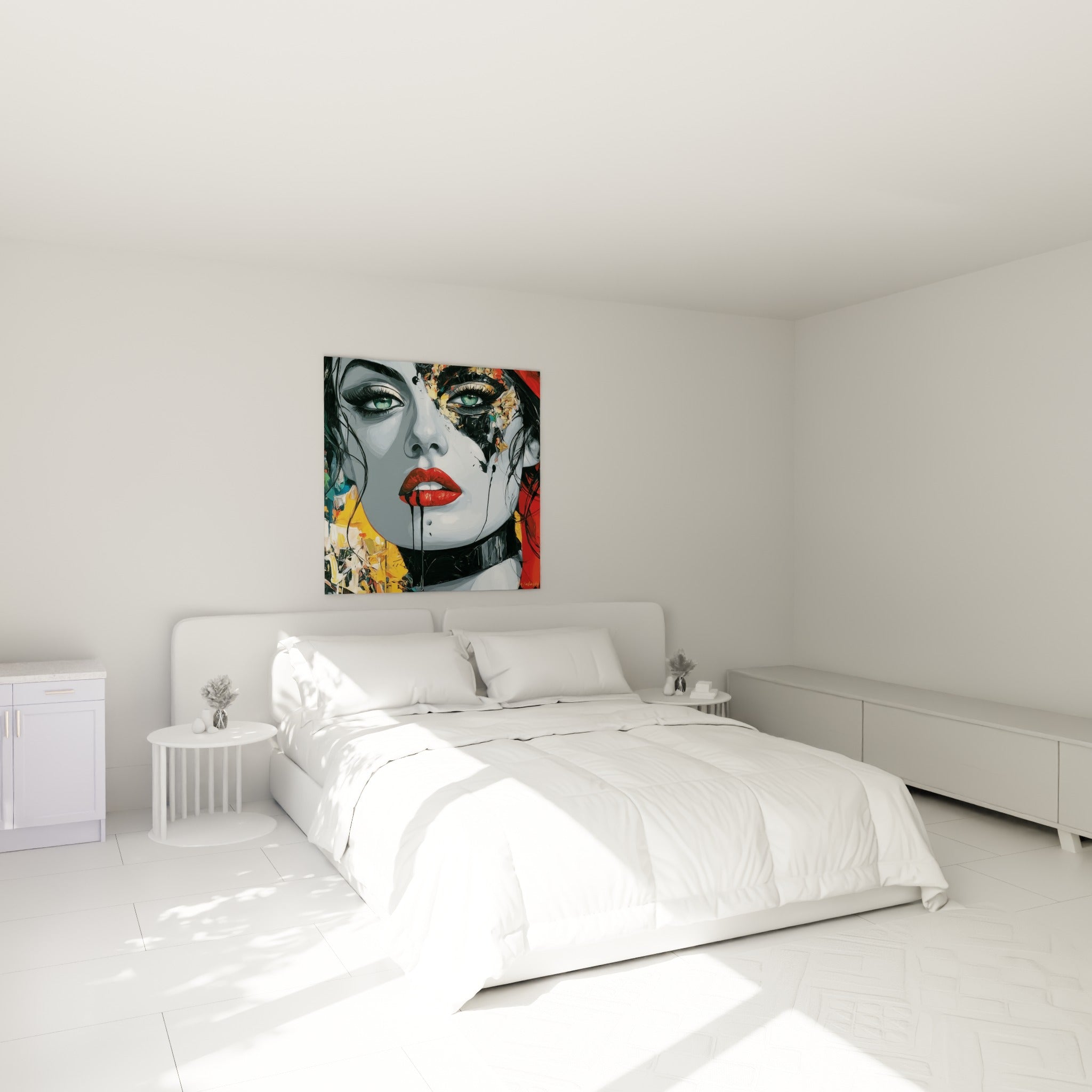 Portrait fracturé aux coulures noires et lèvres rouges suspendu au-dessus d'un lit dans une chambre claire