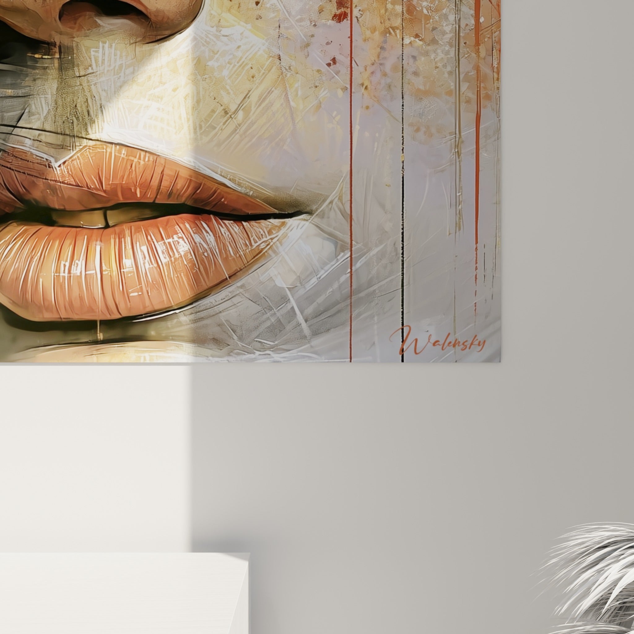 Détail du grain pictural sur ce visage abstrait, coulures orangées et traits gravés en gros plan