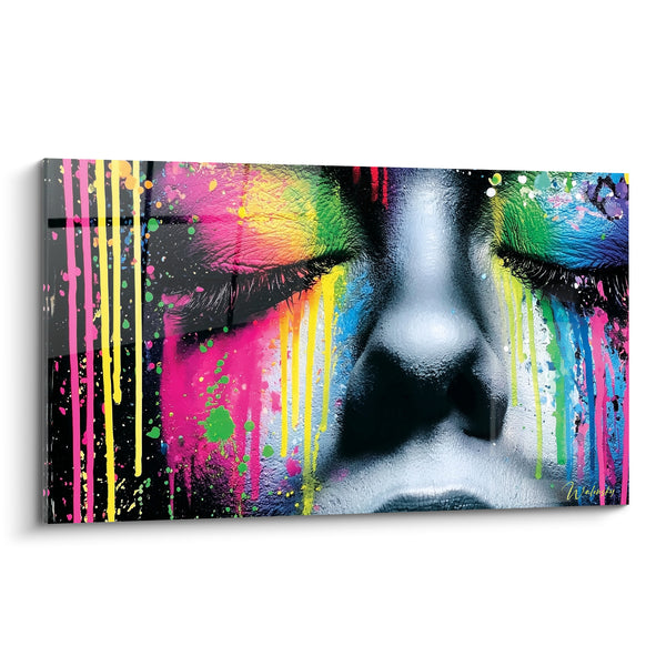 Tableau Visage yeux clos coulures roses et jaunes - Larmes de couleur - Edition Visage abstrait