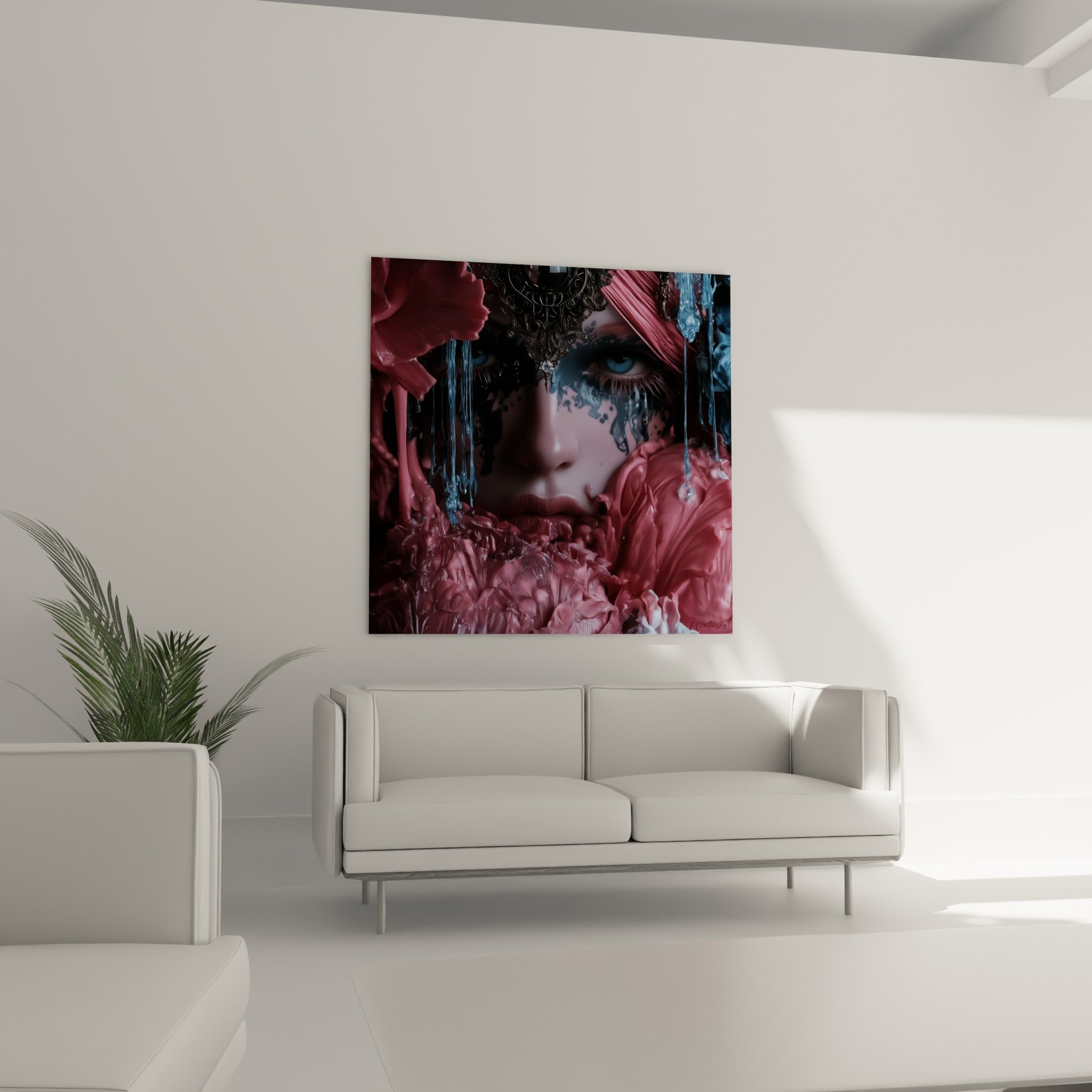 Coulures roses et bleu glacé sculptant un visage abstrait, présenté au-dessus d'un canapé dans un salon lumineux.