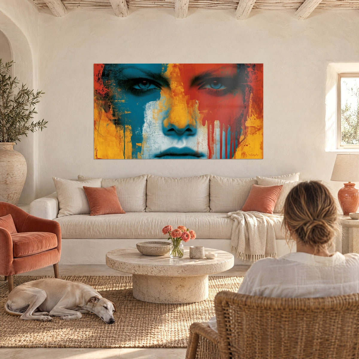 Schilderij gespleten portret in petrolgroen en baksteenrood, helder oog, roestdruipsels, boven een bank in een lichte woonkamer
