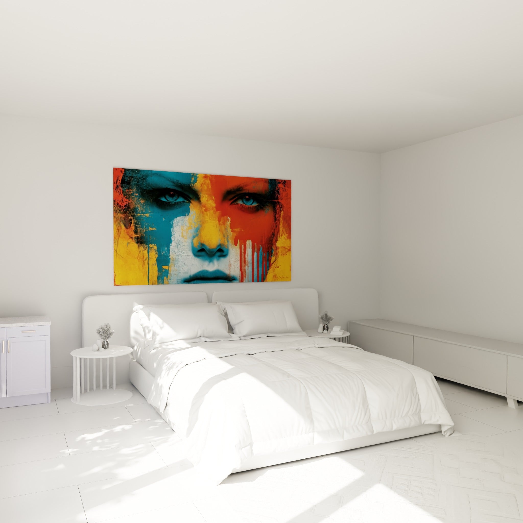 Portrait fragmenté en bleu pétrole et orange brûlé, coulures rouges, accroché au-dessus d'un lit dans une chambre claire