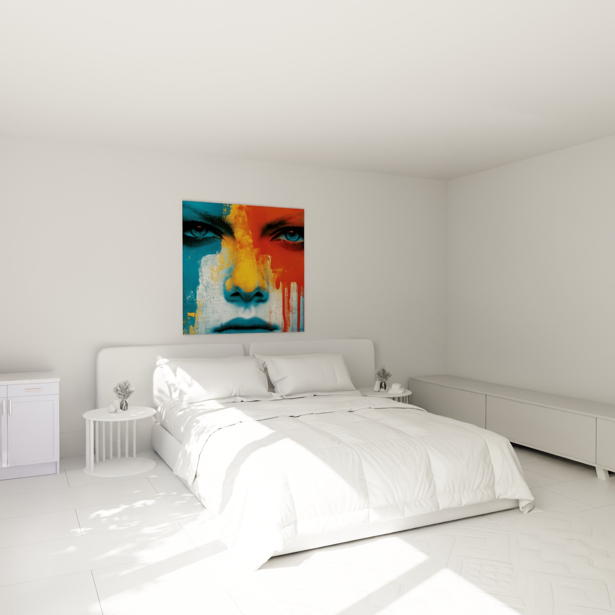 Regard bicolore bleu et orange du visage abstrait, coulures rouges, au-dessus d'un lit dans une chambre claire